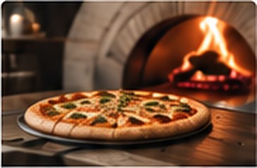 Wood-fired pizza in front of a brick oven
