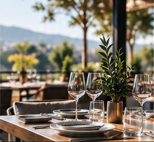 Restaurant table set with wine glasses on a sunny terrace